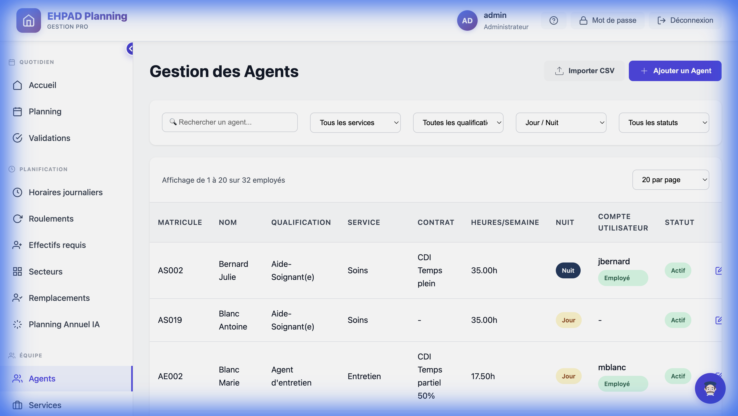 Liste centralisée des agents